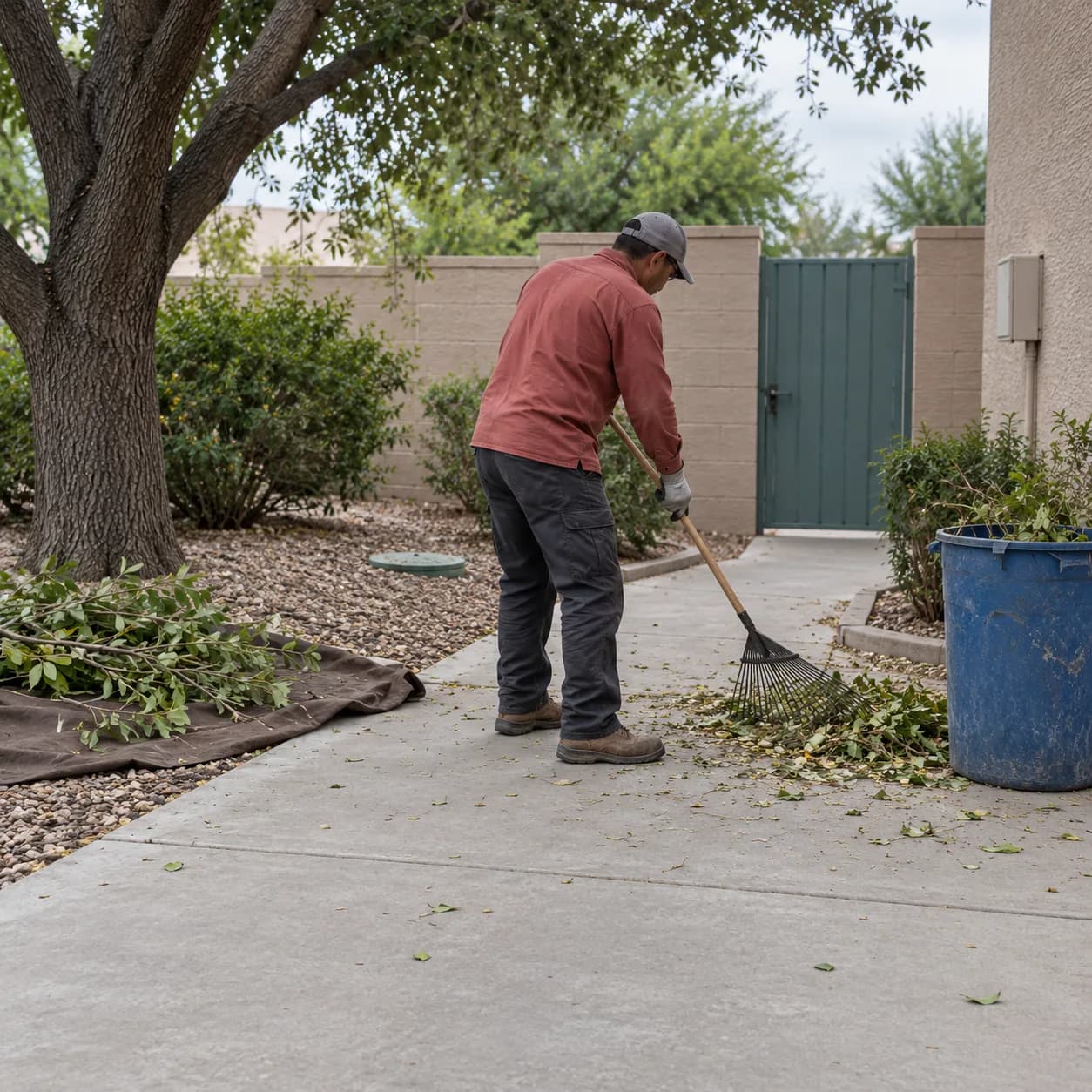 Crew member raking cut leaves and branches off a walkway