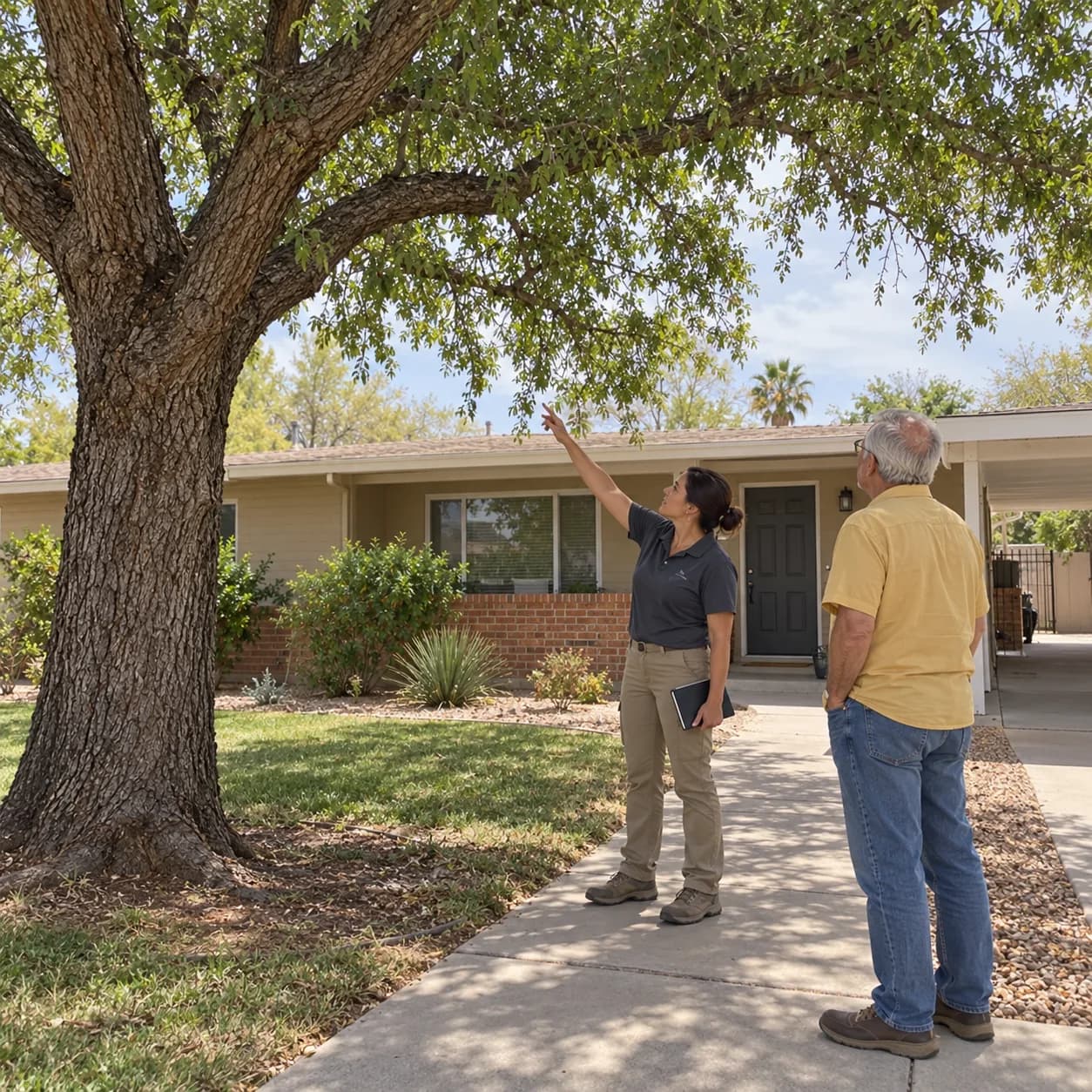 Arborist pointing out a raised elm canopy to a homeowner