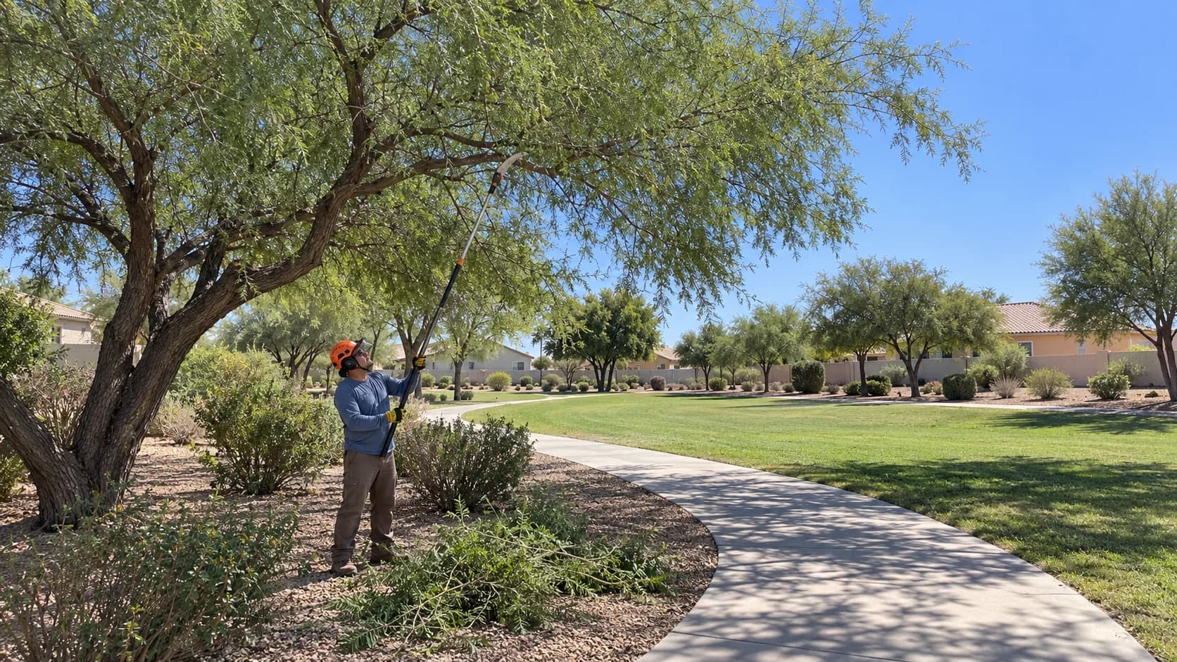Arborist with a pole saw elevating a mesquite crown beside a Phoenix sidewalk