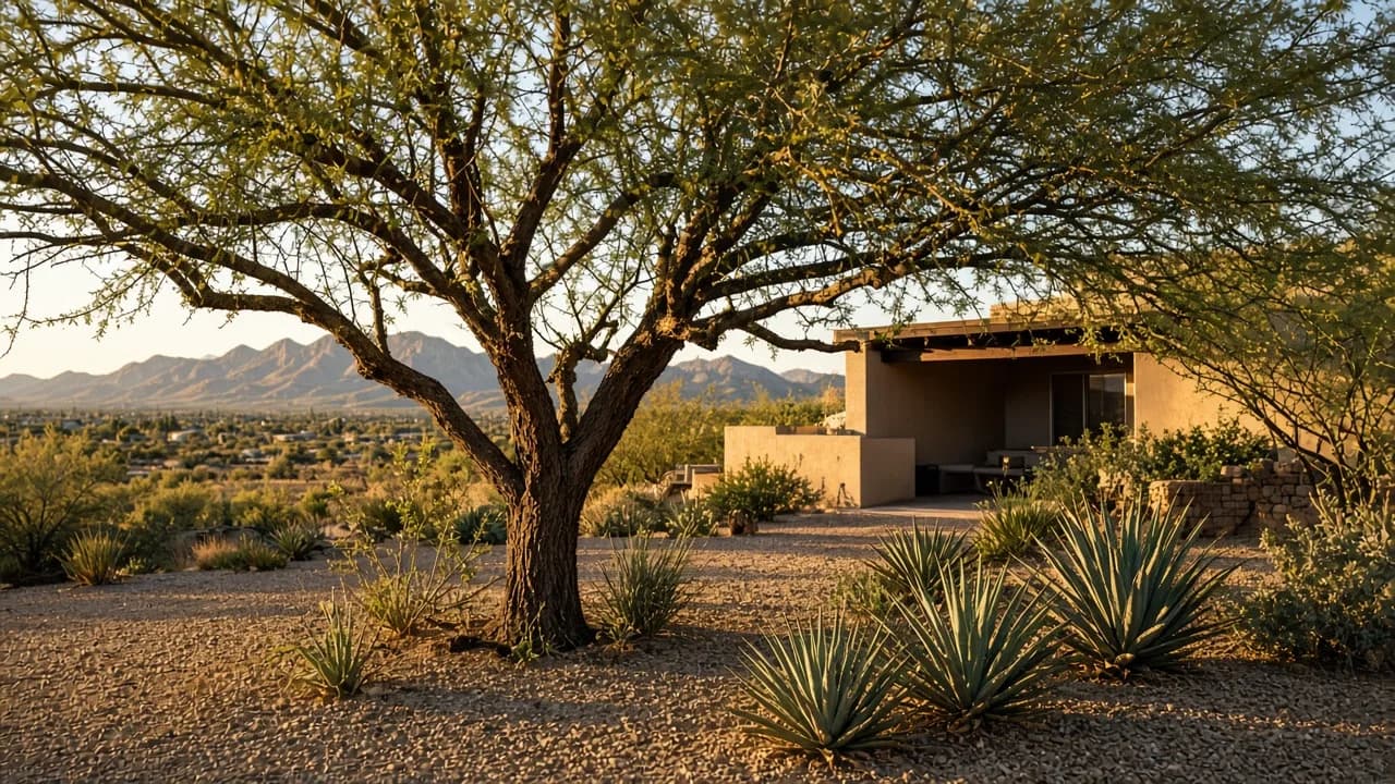 Mature mesquite with an open canopy in a Phoenix desert yard at golden hour