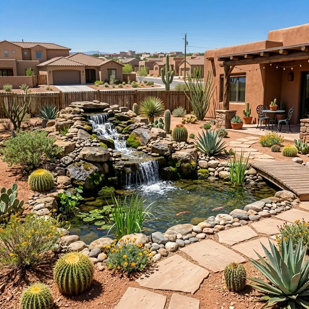 Desert backyard waterfall feeding a koi pond with river rock, cacti, and a footbridge