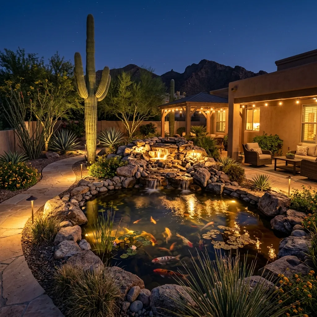 Desert backyard koi pond lit at night with a glowing waterfall and submerged lighting