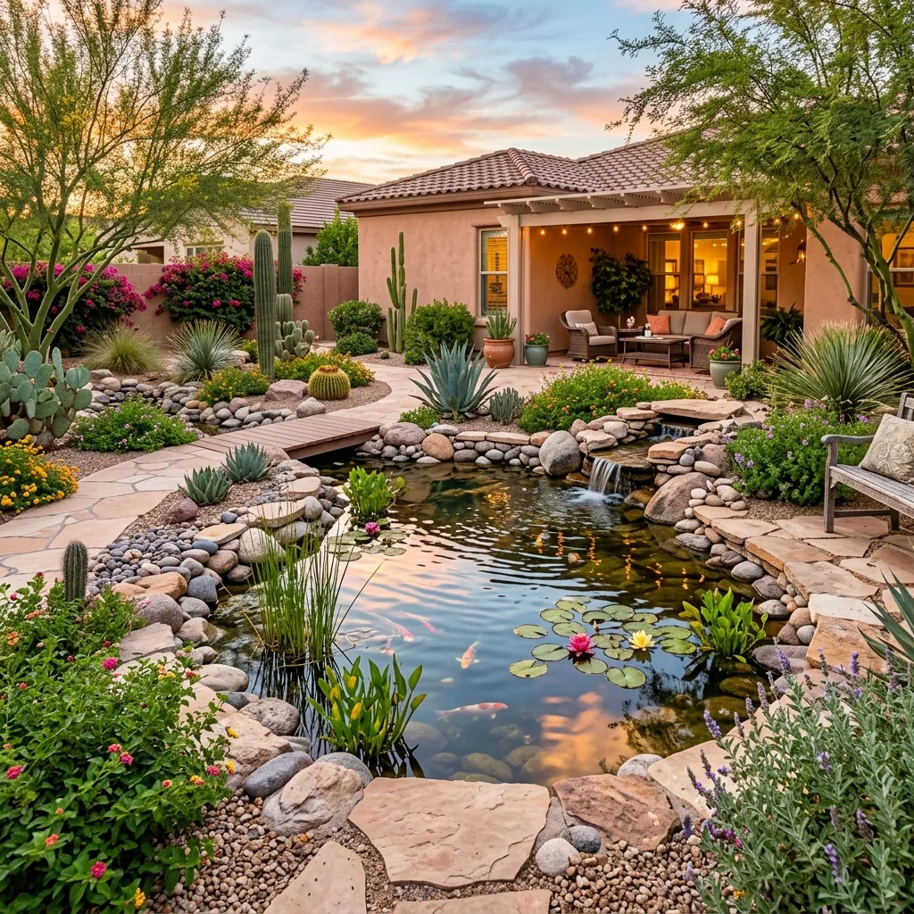 Clear Phoenix backyard koi pond with water lilies, a small waterfall, and river-rock edging at sunset