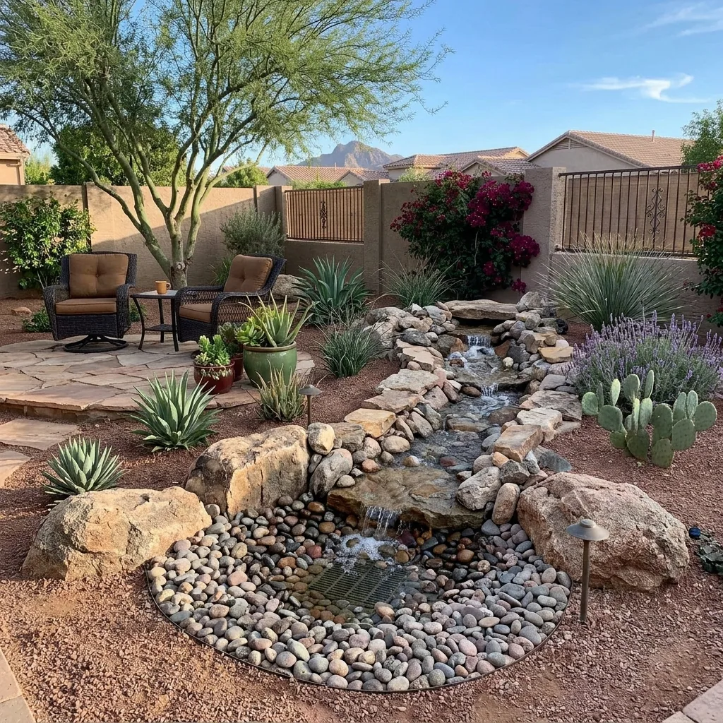 Pondless waterfall built into a desert backyard with boulders, cacti, and planting