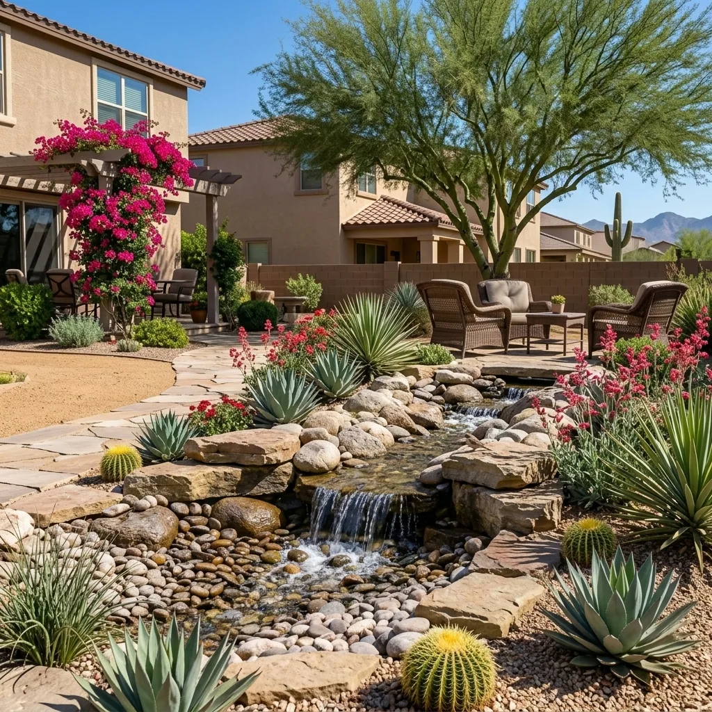 Pondless waterfall disappearing into a hidden river-rock reservoir in a desert backyard