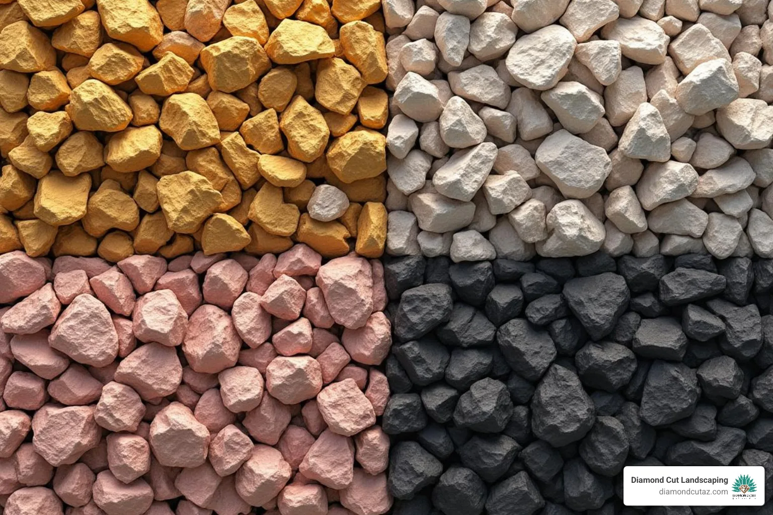 Grid showing popular decorative rocks like Madison Gold, Apache Pink, river rock, and black cinders