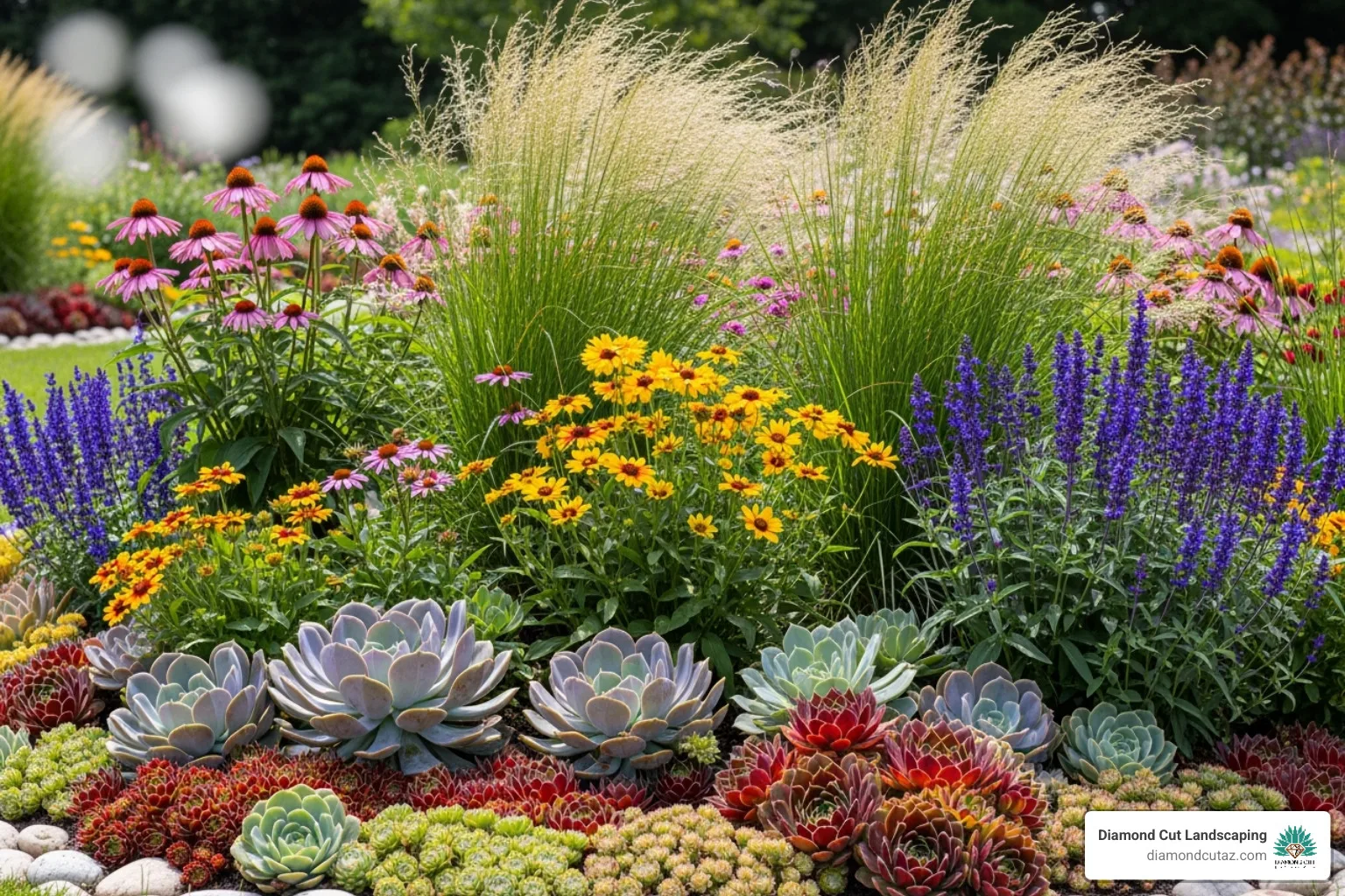 Vibrant garden bed with succulents, ornamental grasses, and flowering perennials
