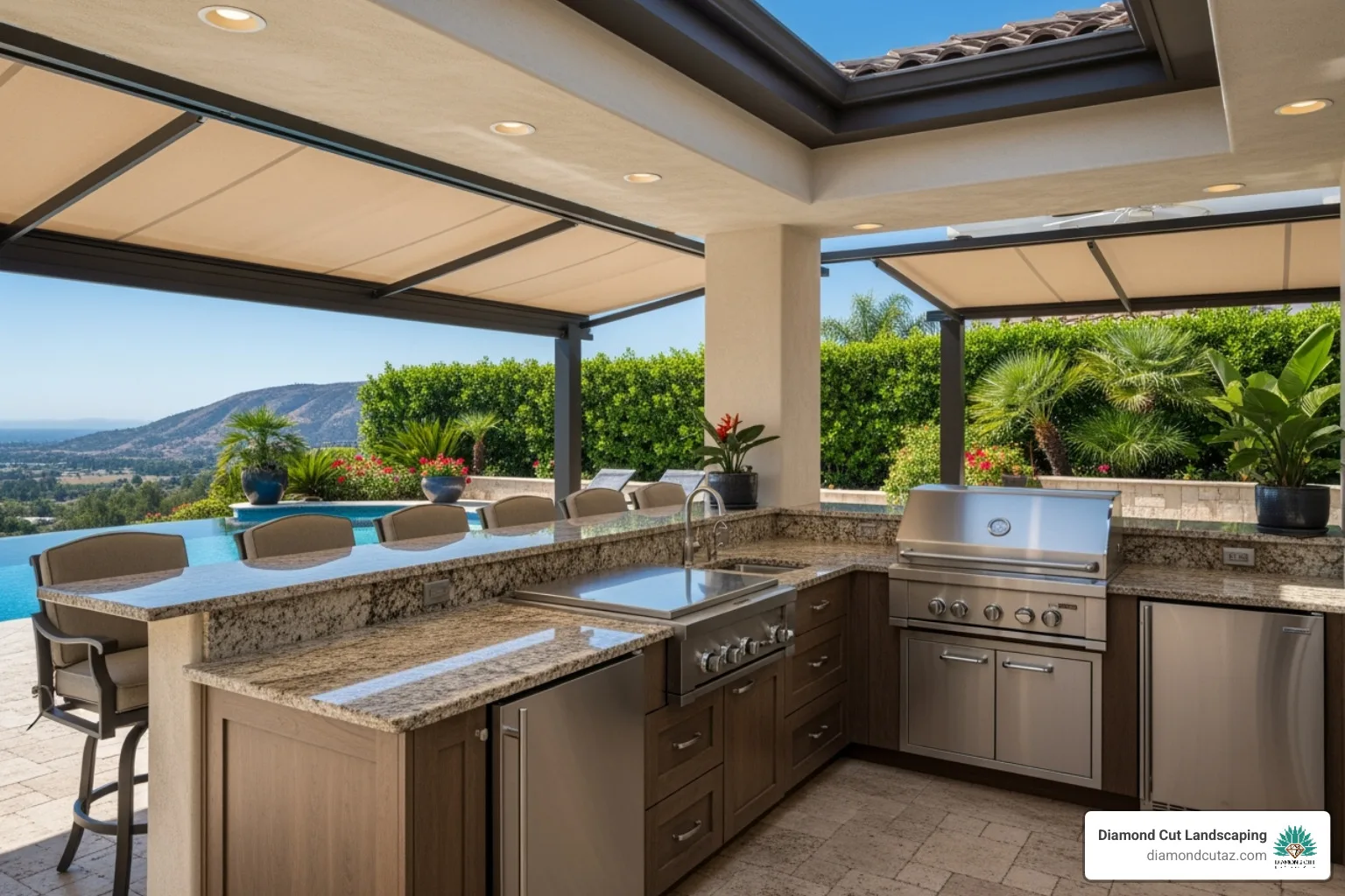 Luxurious outdoor kitchen with a built-in grill and bar seating