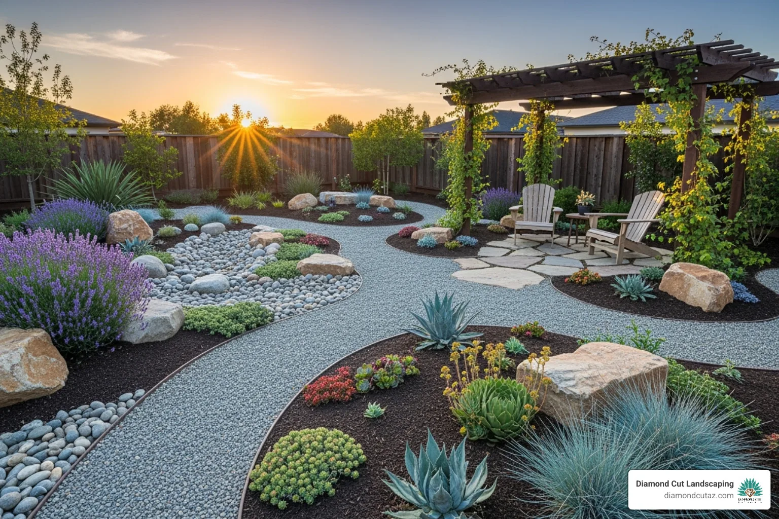 Yard with gravel paths and garden beds replacing traditional turf