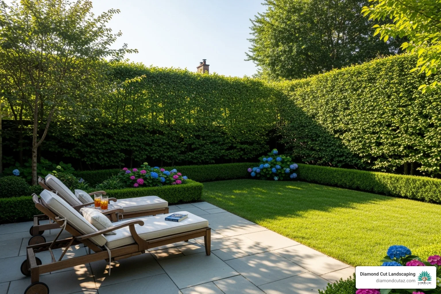 Private backyard with a tall hedge and comfortable lounge chairs