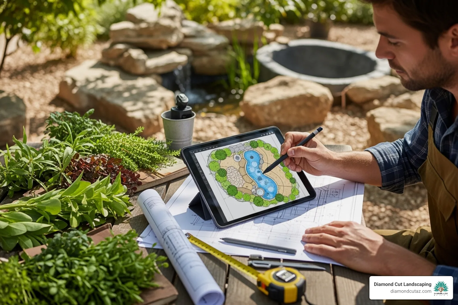 Landscape designer sketching a water feature plan