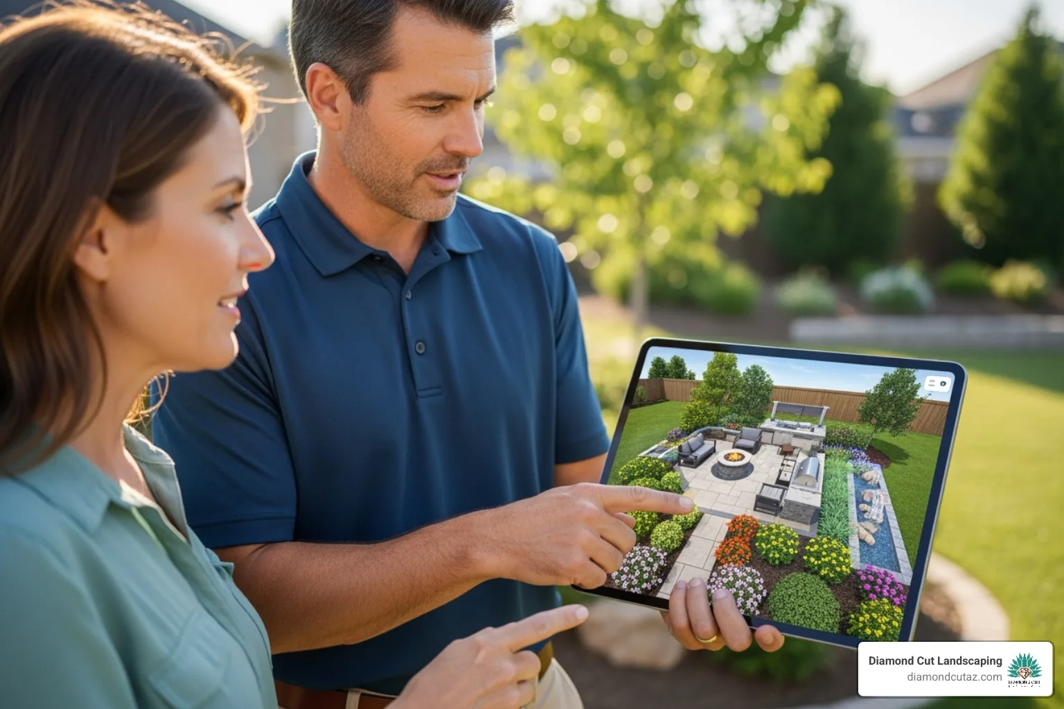 Landscape designer collaborating with a homeowner over a 3D design plan