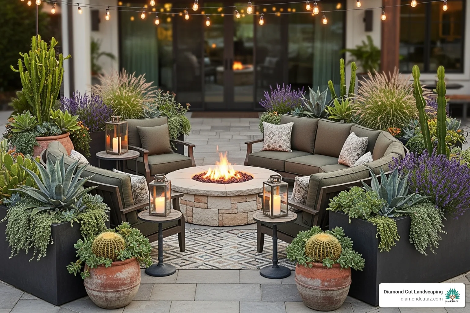 Stylish patio with a built-in fire pit and seating, surrounded by low-maintenance planters