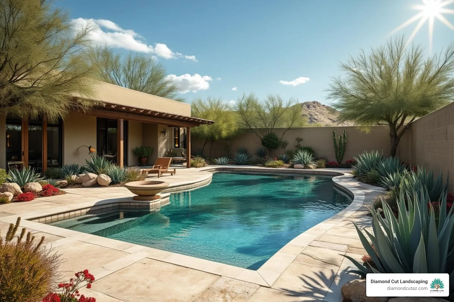 Travertine pool deck surrounded by lush, drought-tolerant plants like agave and palo verde trees