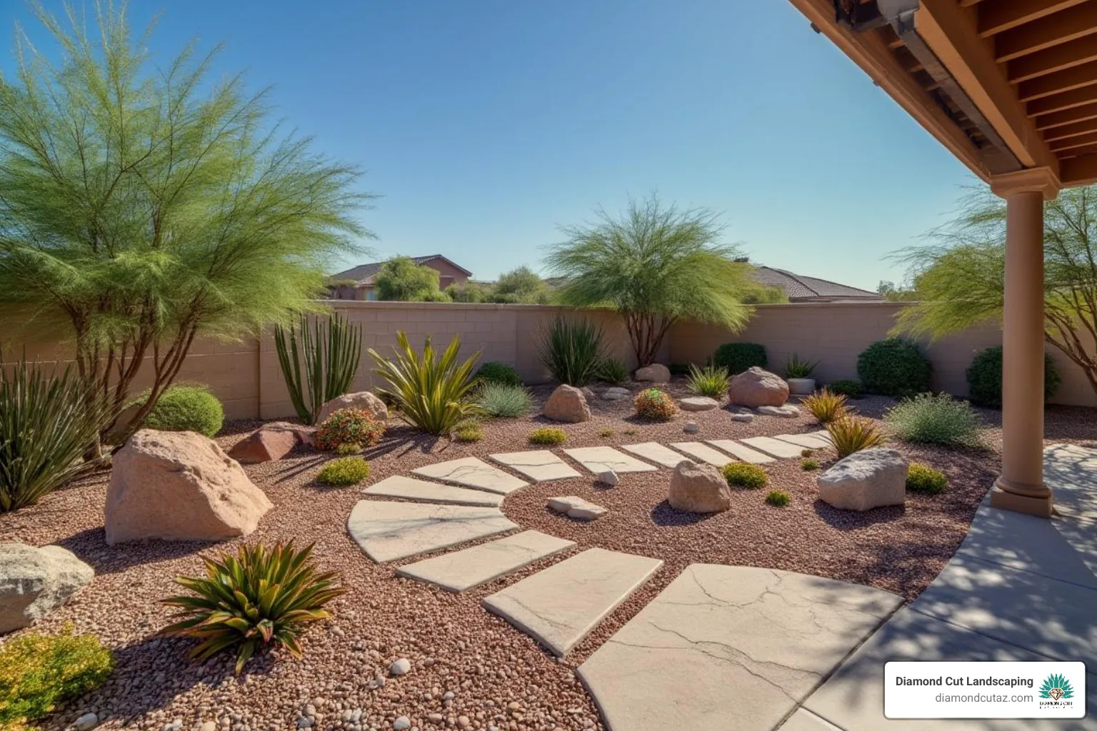 Beautiful, completed Phoenix landscape with a mix of rock, plants, and hardscaping