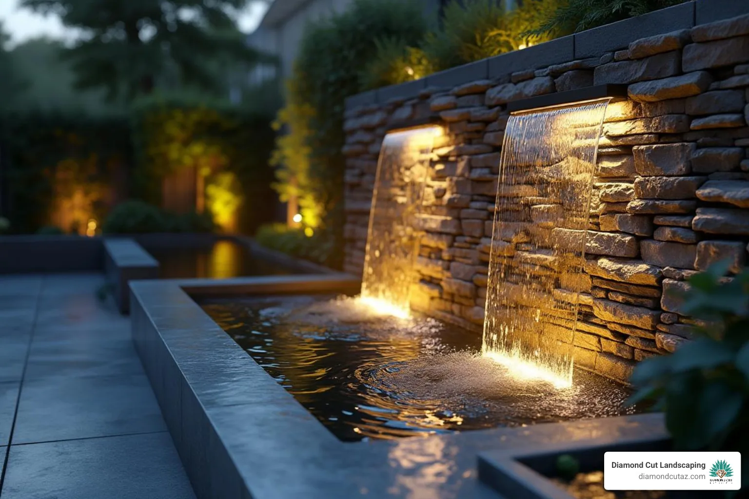 Modern water wall with integrated lighting