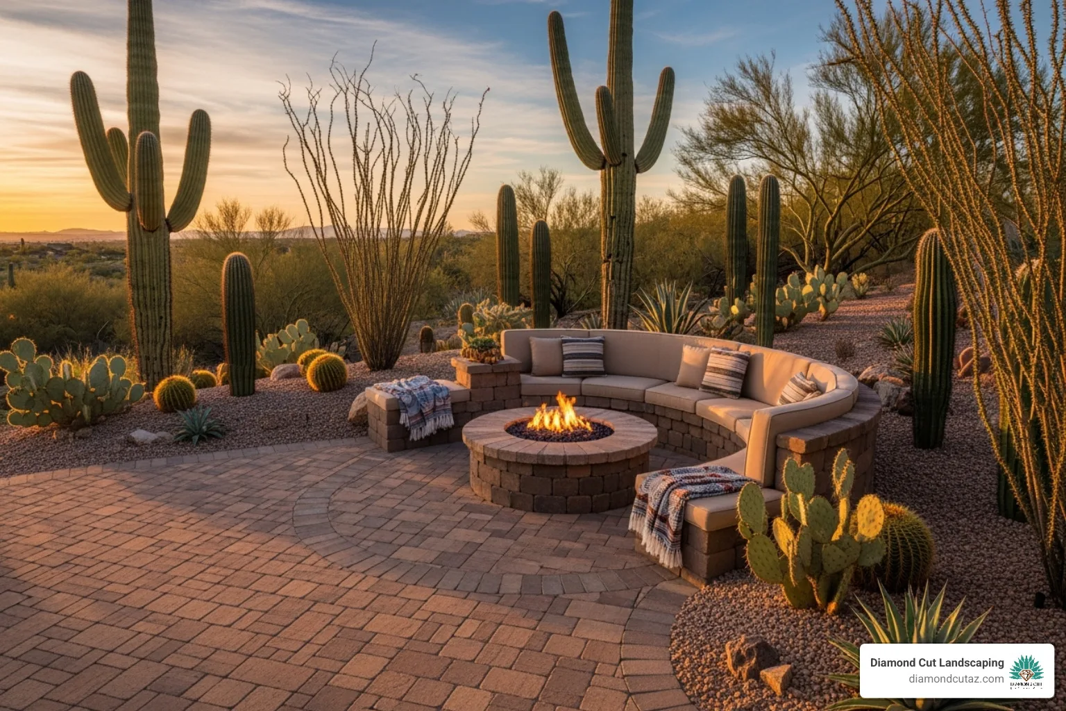 Stylish paver patio with a built-in fire pit and seating area