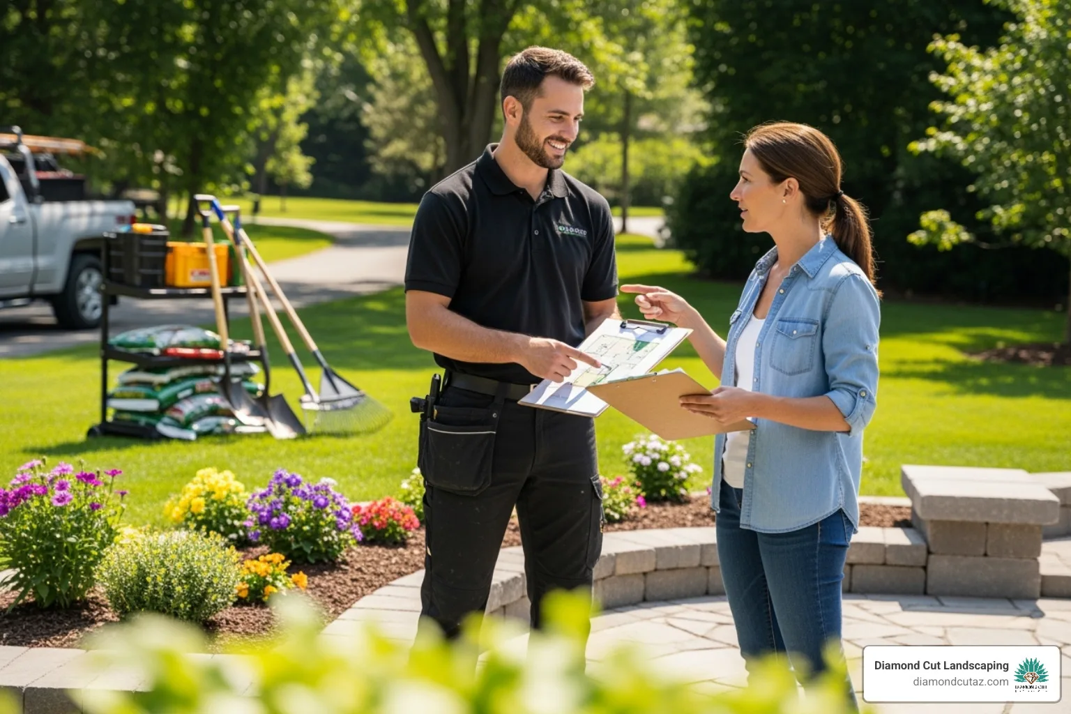 Friendly landscaper discussing plans with a homeowner