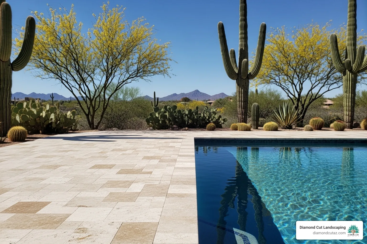 Stunning travertine paver patio seamlessly connecting to a pool deck