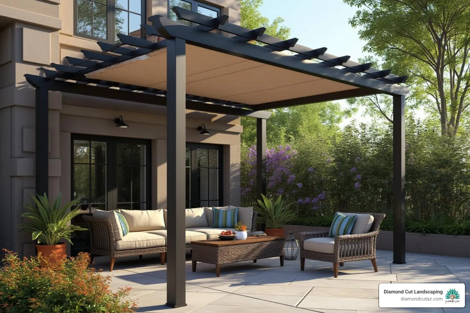 Modern, dark-colored Alumawood pergola providing filtered shade over a stylish outdoor seating area