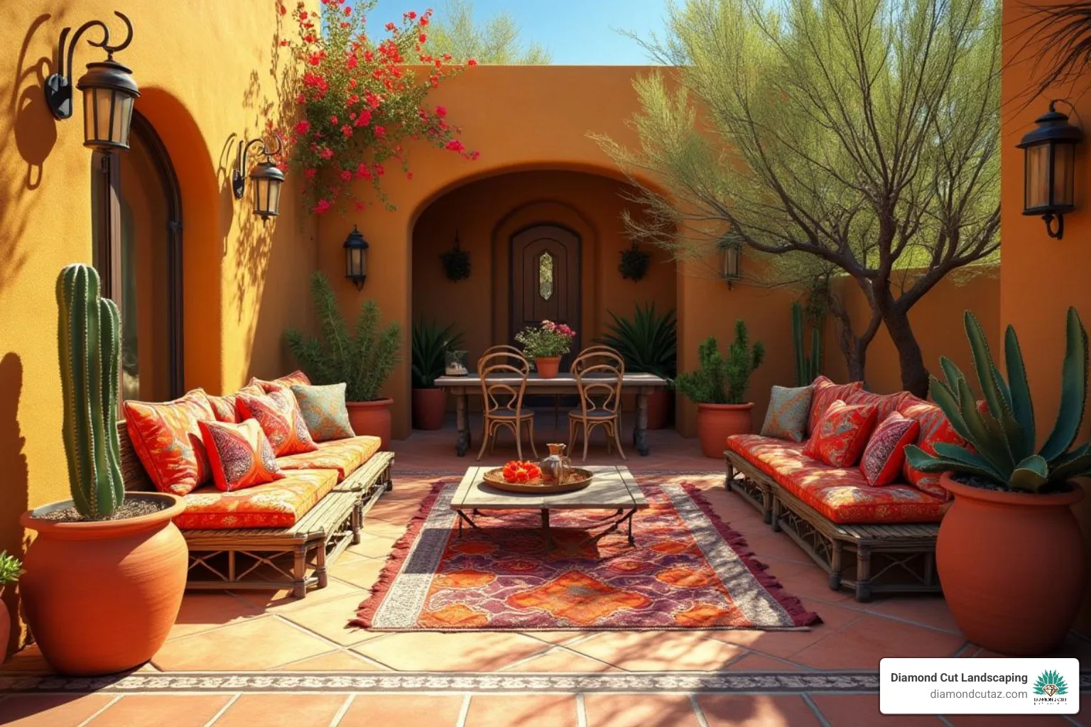 Vibrant Southwestern-style patio with colorful cushions, Saltillo tile, and desert plants in terracotta pots