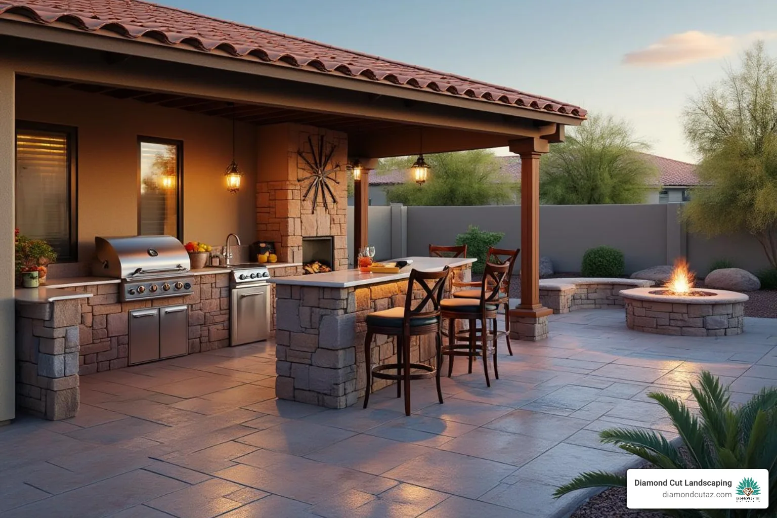 Complete outdoor kitchen with a built-in BBQ and bar seating, adjacent to a cozy gas fire pit area