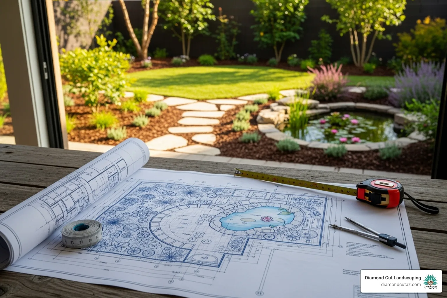 Landscape design plan next to a finished yard section