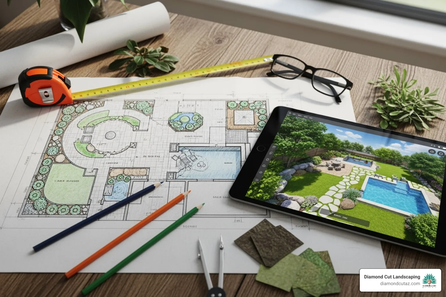 Landscape design plan on paper next to a tablet showing a 3D rendering
