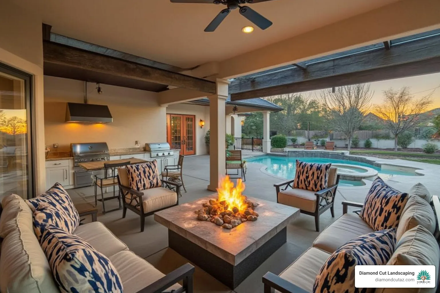 Cozy outdoor living area with a fire pit and an outdoor kitchen adjacent to the pool