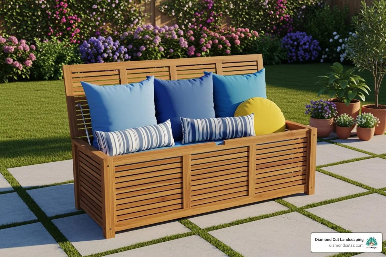 Storage bench on a patio filled with outdoor cushions