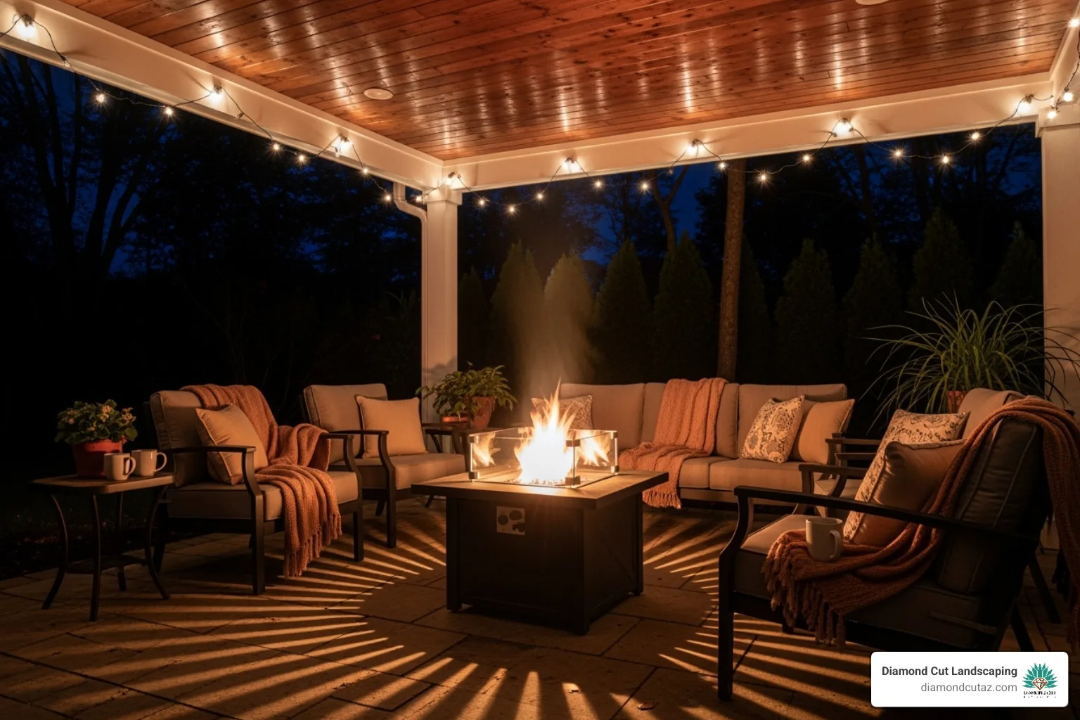 Cozy covered patio with a fire pit, comfortable seating, and string lights for evening use