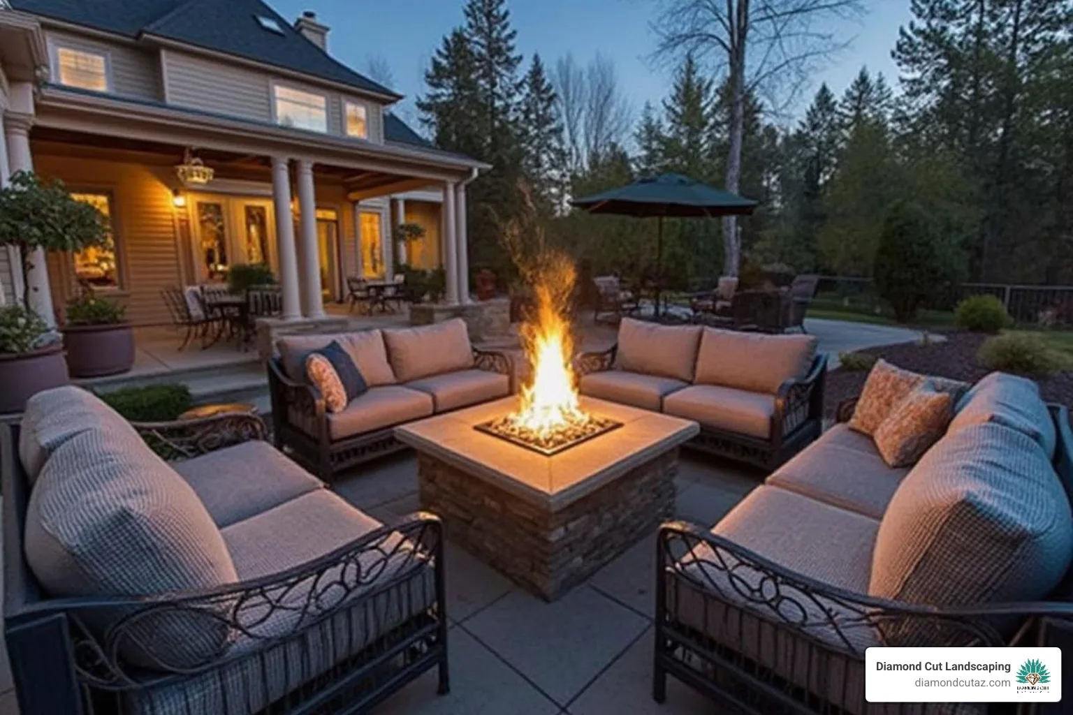 Cozy outdoor living area with a fire pit and comfortable seating