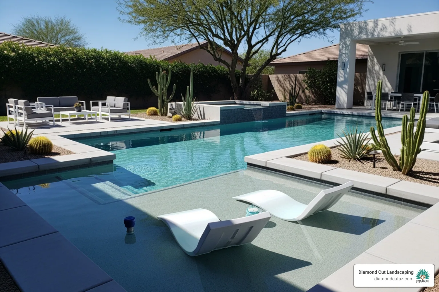 Modern geometric pool with a large Baja shelf and in-pool loungers