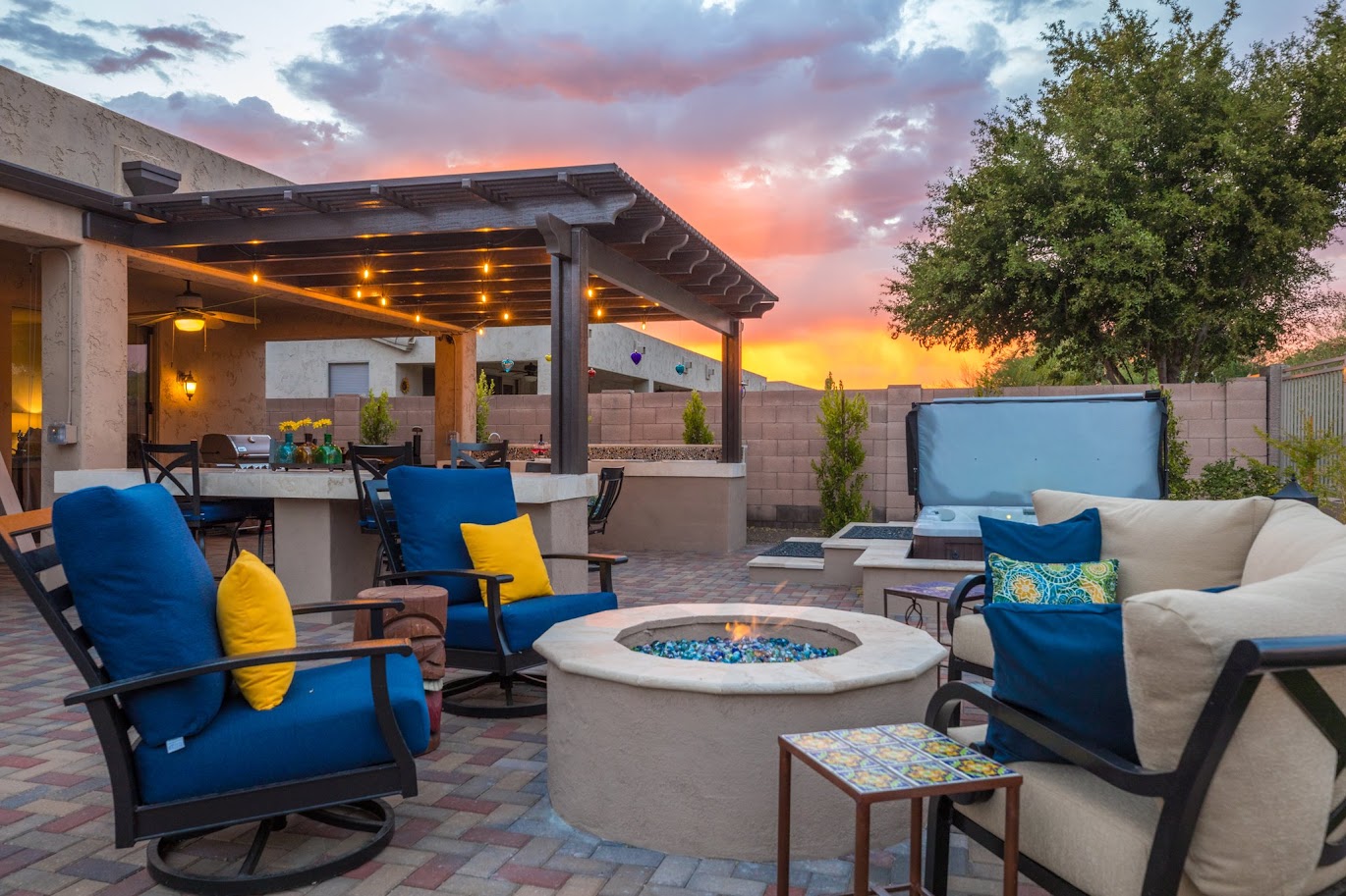 Custom-backyard-with-pool-landscape-at-night-in-PHX